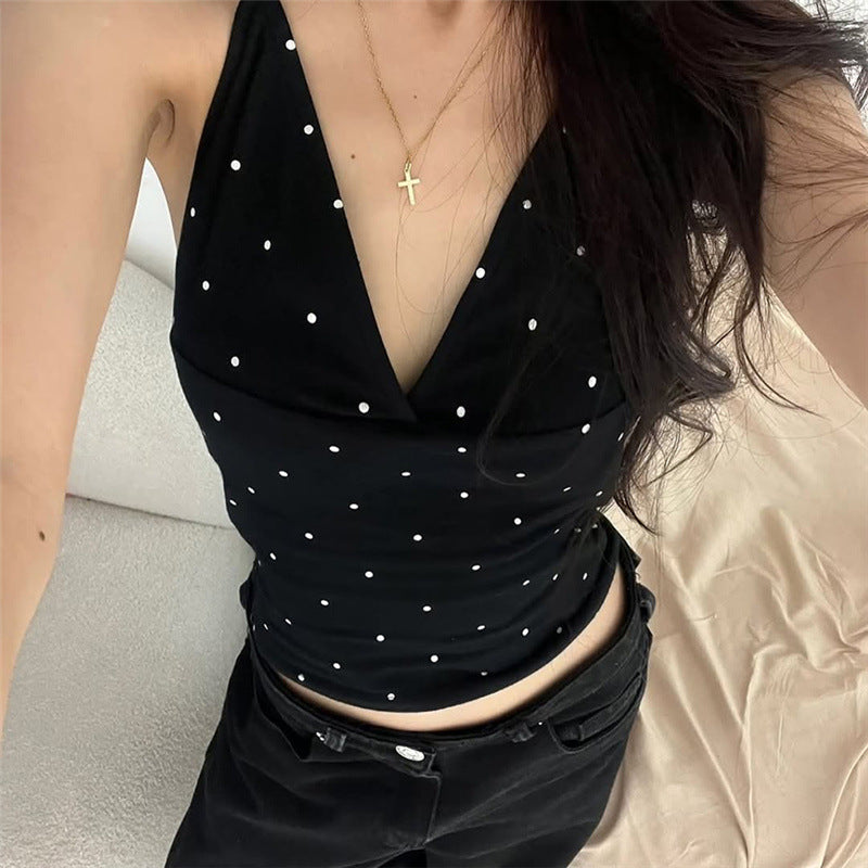 V-neck polka dot print sleeveless slim fit versatile crop top with exposed navel strap