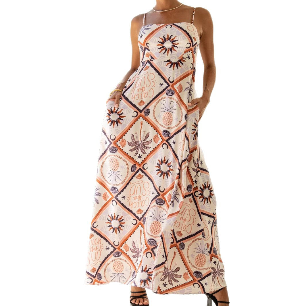Summer Strap Abstract Tile Print Long Dress Bohemian Pocket Maxi Dress Beach Vacation Flowy Skirt