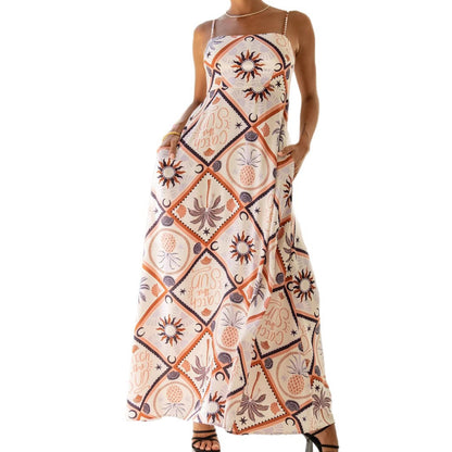 Summer Strap Abstract Tile Print Long Dress Bohemian Pocket Maxi Dress Beach Vacation Flowy Skirt