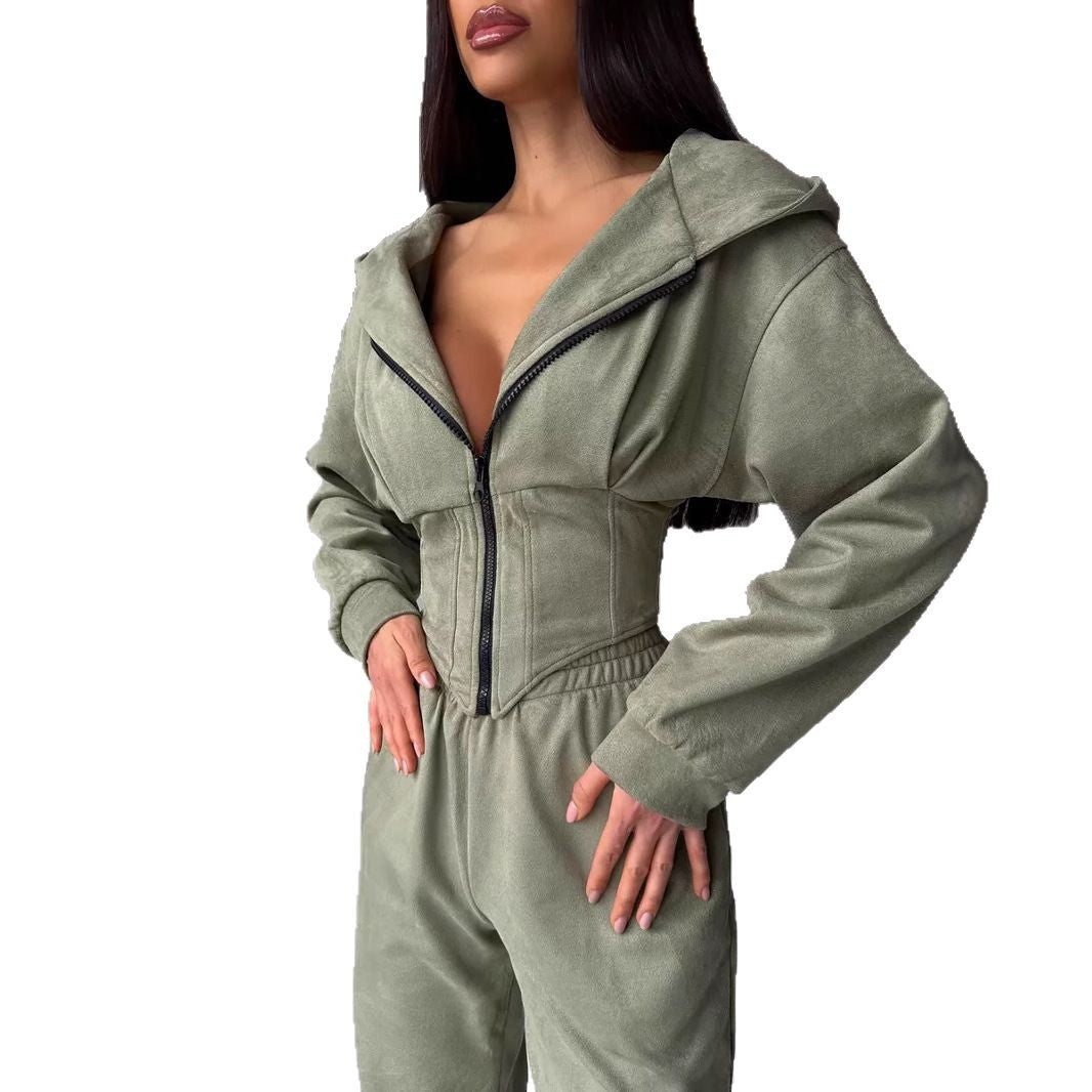 Women's Solid Color Waist Hoodie Pants Set