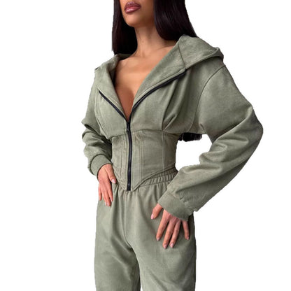 Women's Solid Color Waist Hoodie Pants Set