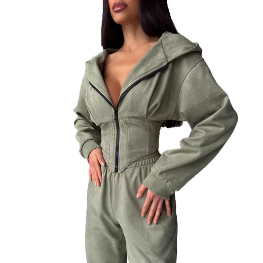 Women's Solid Color Waist Hoodie Pants Set