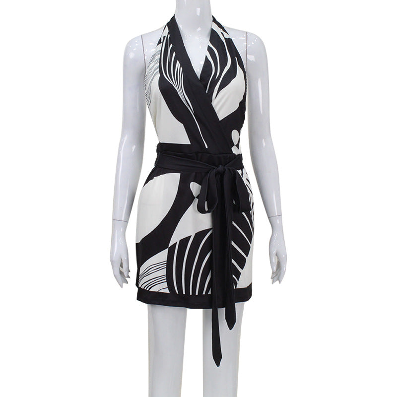 Black and white neck hanging big backless sexy short dress