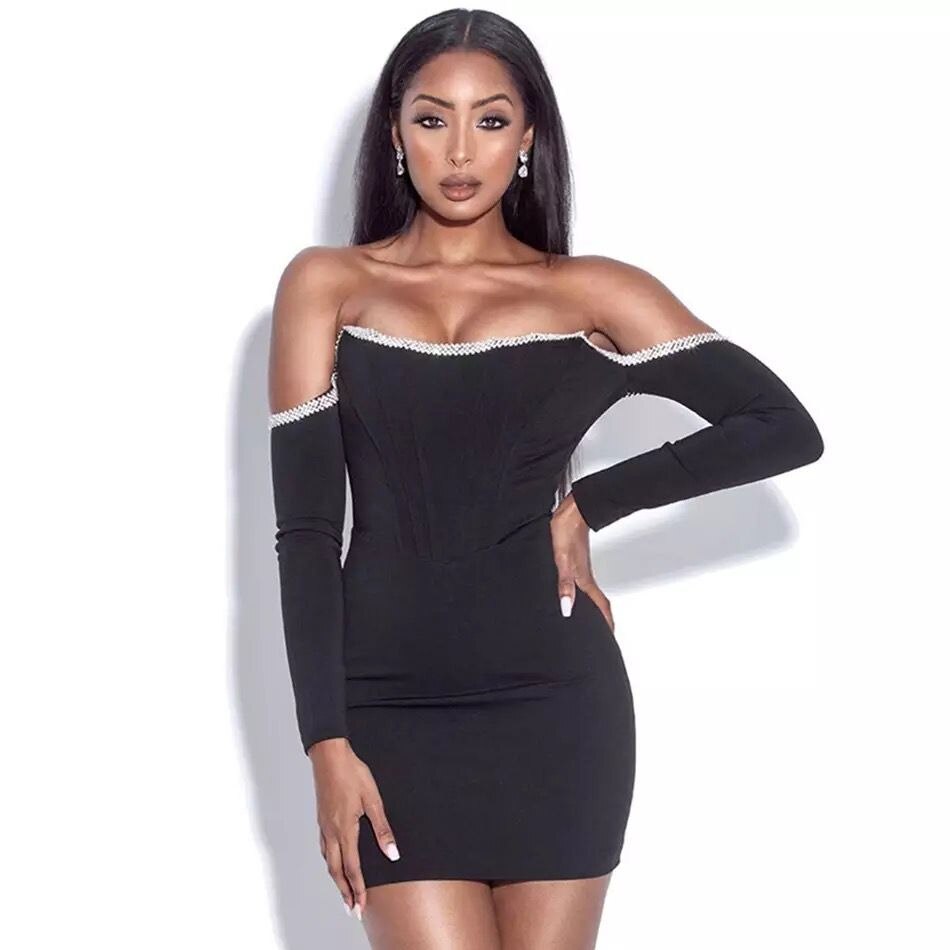 Bandage Dress Long Sleeve Black Bandage Dress Women Mini Crystal Sexy Off Shoulder Bodycon Club Party Dresses