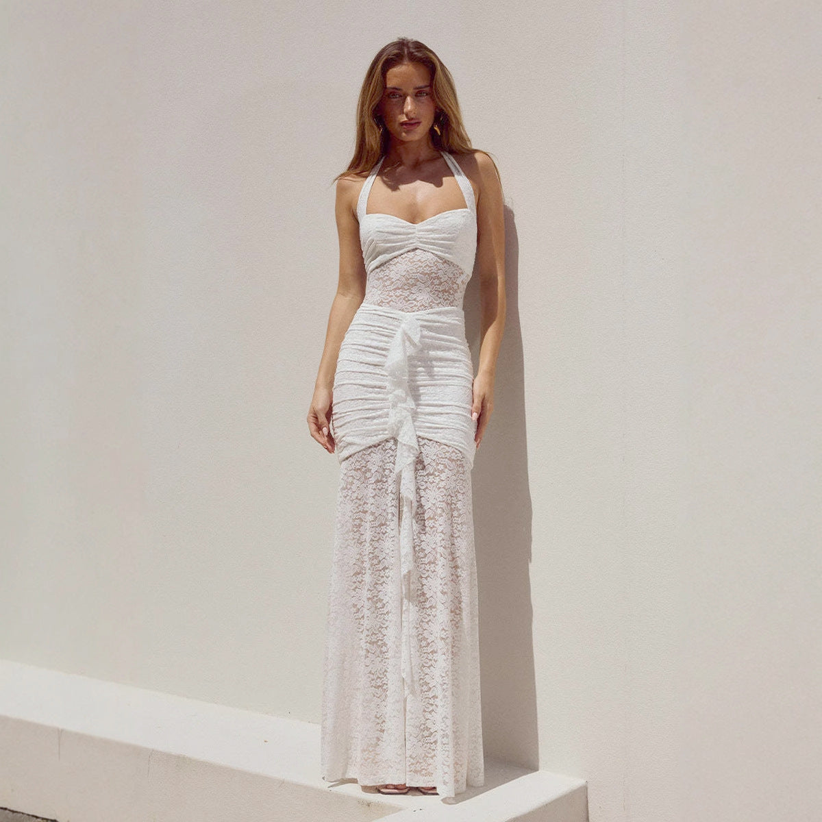 Tie neck perspective slim fit lace dress for slimming effect