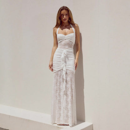 Tie neck perspective slim fit lace dress for slimming effect