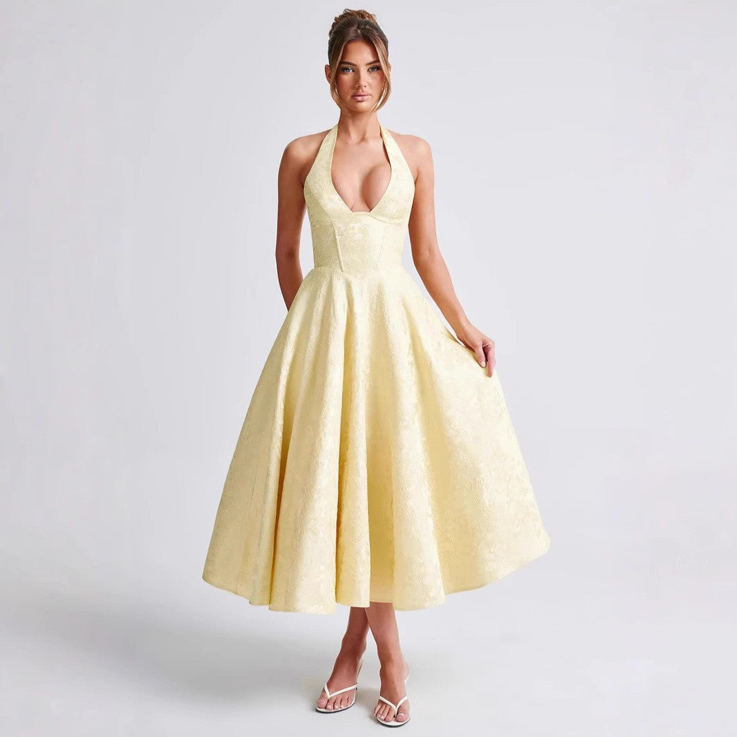 Women's French Holiday Style V-Neck Sleeveless Jacquard Waist-Tied Long Dress Y2K