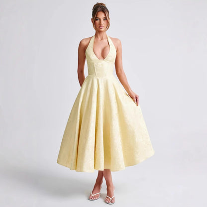 Women's French Holiday Style V-Neck Sleeveless Jacquard Waist-Tied Long Dress Y2K