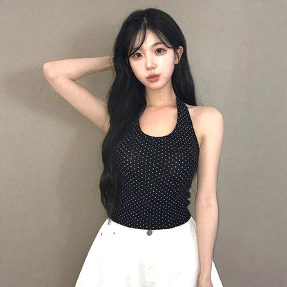 Sweet and Pure U-neck Polka Dot Halter Tank Top Basic Summer Fitted Sexy Short Sleeveless Top