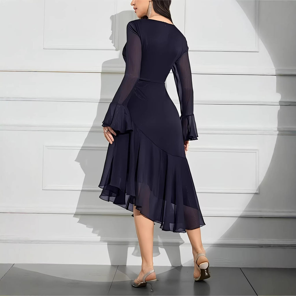 Elegant Round Neck Dress with Irregular Ruffle Pleats Slim Fit Long Sleeve New Style