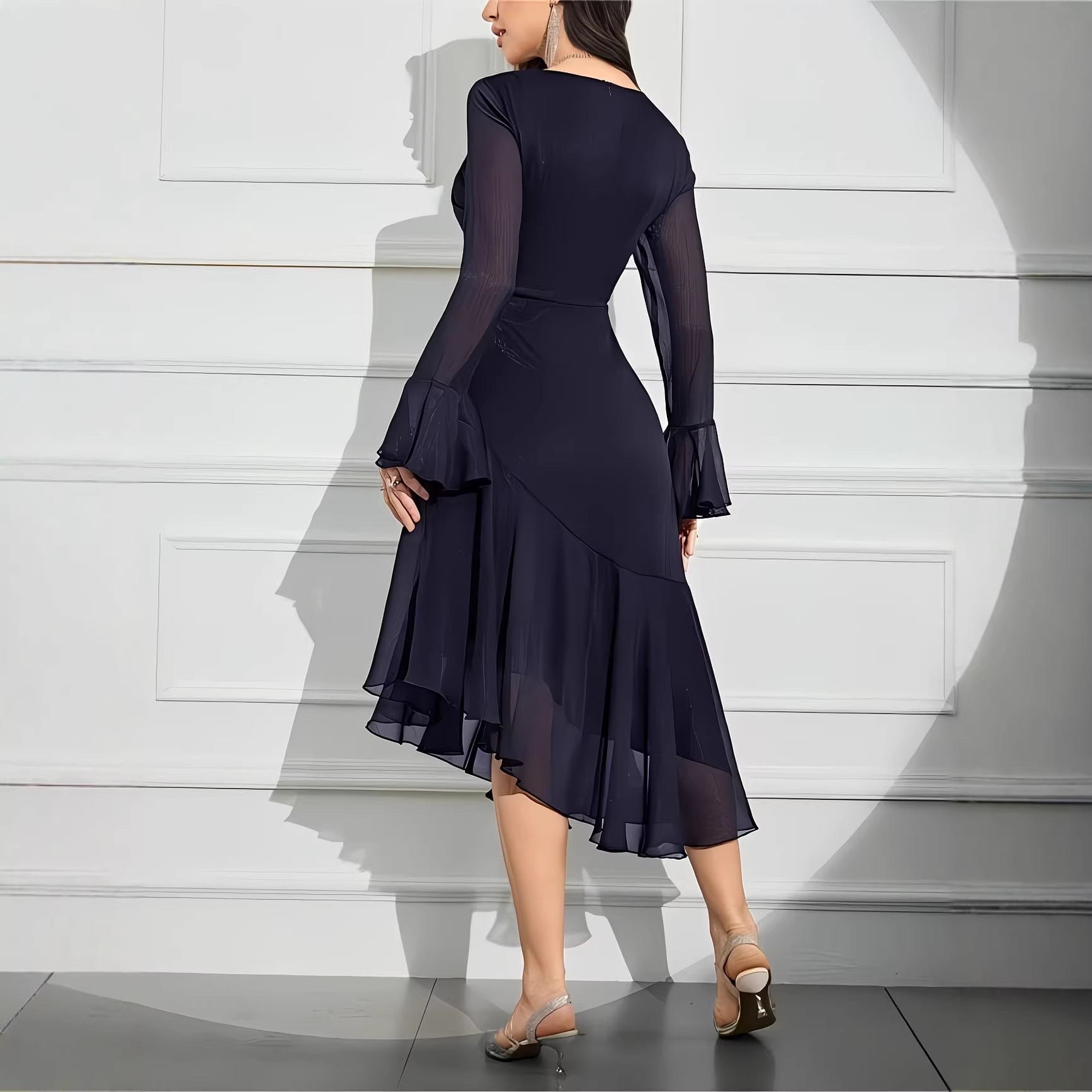 Elegant Round Neck Dress with Irregular Ruffle Pleats Slim Fit Long Sleeve New Style