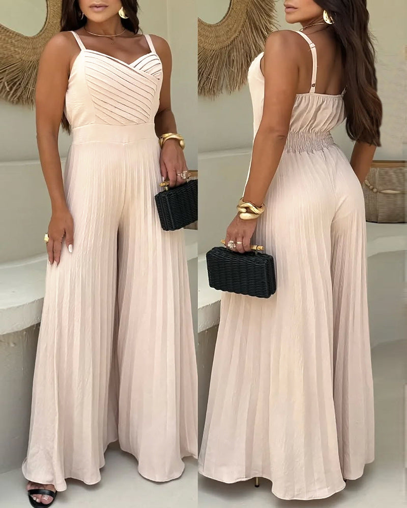 Apricot Pleated Craft Strap Waist Wide Leg Flared Jumpsuit