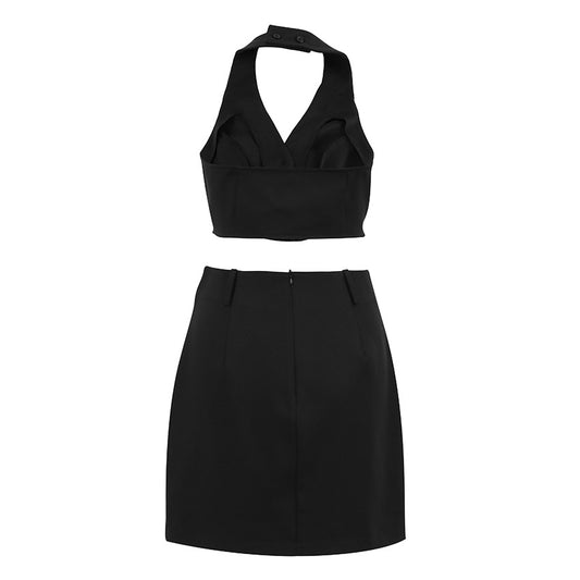European and American style commuting V-neck backless hanging neck vest high waisted skirt set