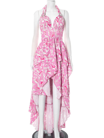 European and American women's sleeveless hanging neck backless high waisted printed ruffle edge skirt dress