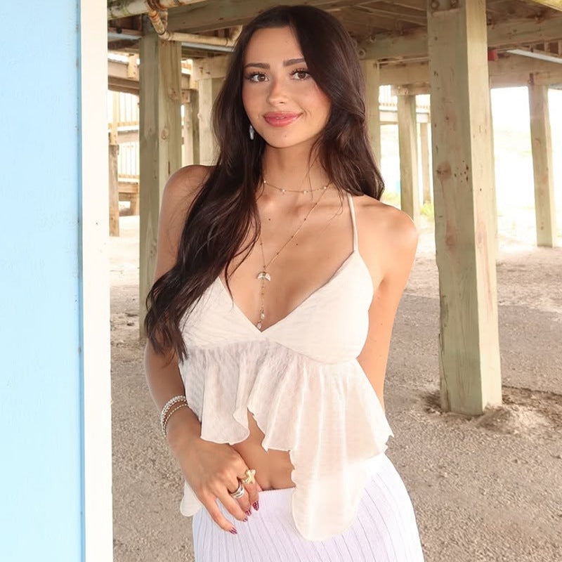 Women's Low-Cut V-Neck Solid Texture Halter Backless Crop Top