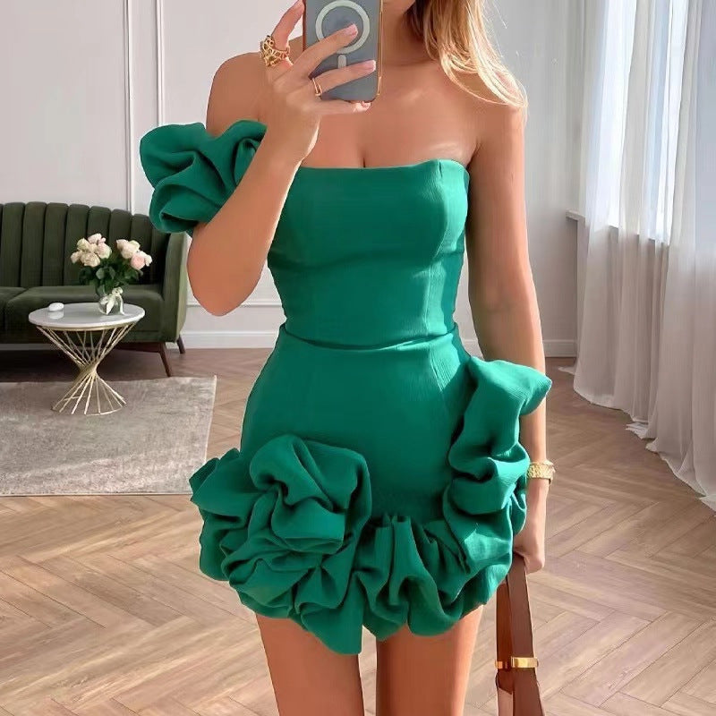Floral Ruffle Bodice Fitted Dress with One-Shoulder Strapless Design for Women