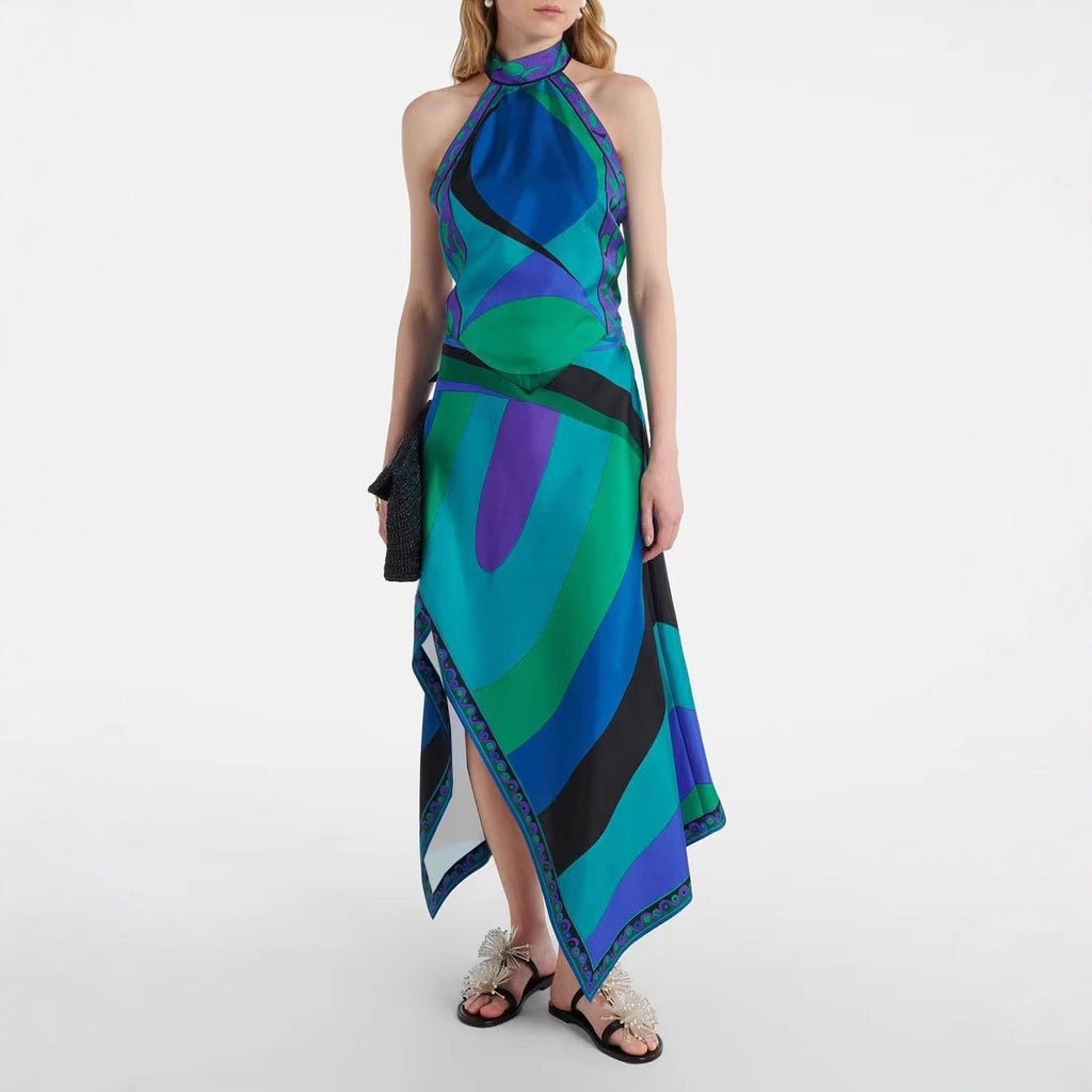 Crossbody Irregular Skirt with Backless Top New Two-Piece Set  Style Printed