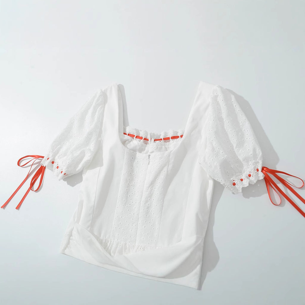 Women's Clothing Bow Design White Lace Hollow Short Dress