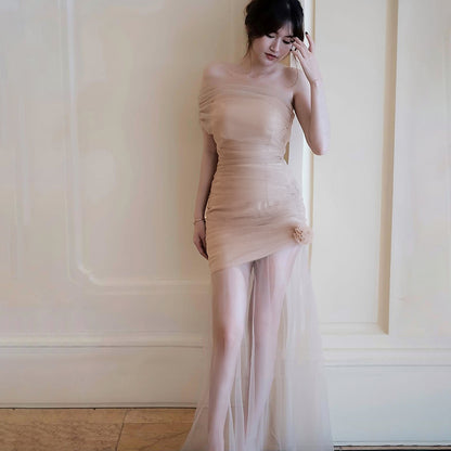 Mesh flower slanted shoulder dress for women