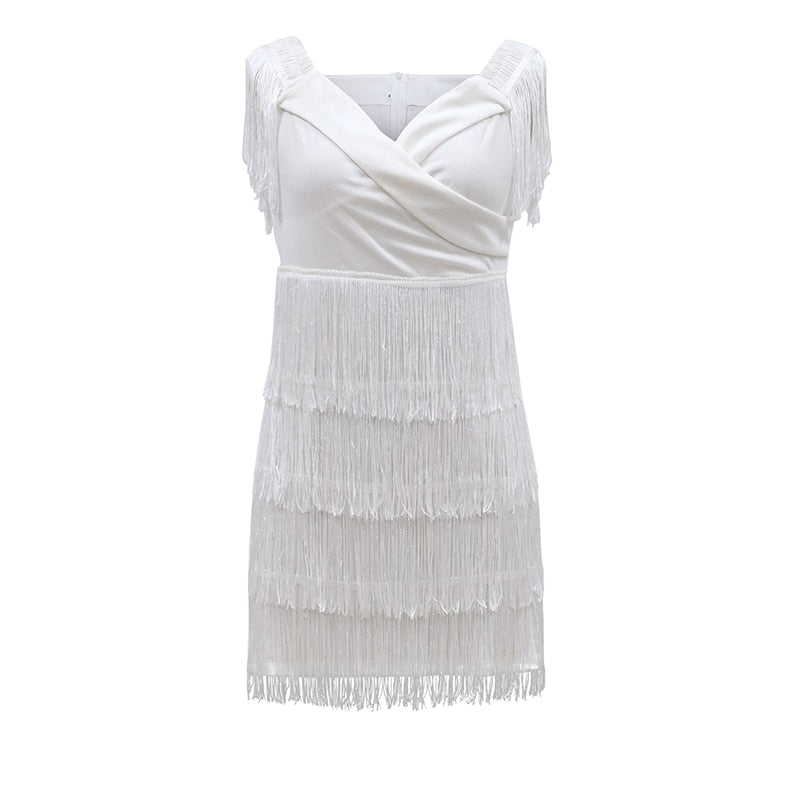 Sexy Sleeveless Bodycon Mini Dress Women White Off Shoulder Tassel Female Short Dresses Summer Party Club Bandage Vestidos