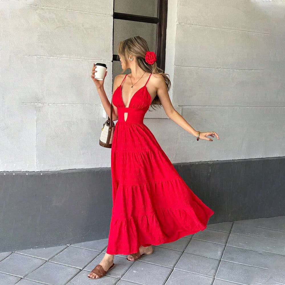 Women's sexy red camisole dress with spring and summer V-neck, European and American big swing long skirt