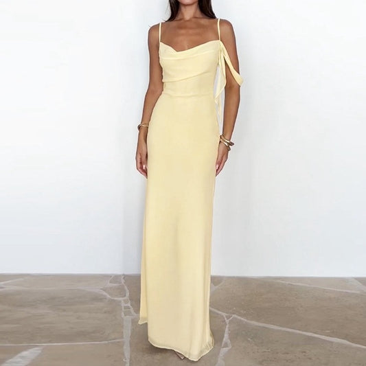 Elegant French Summer Strapless Backless Dress Solid Color Style Women's Clothing Yellow Black