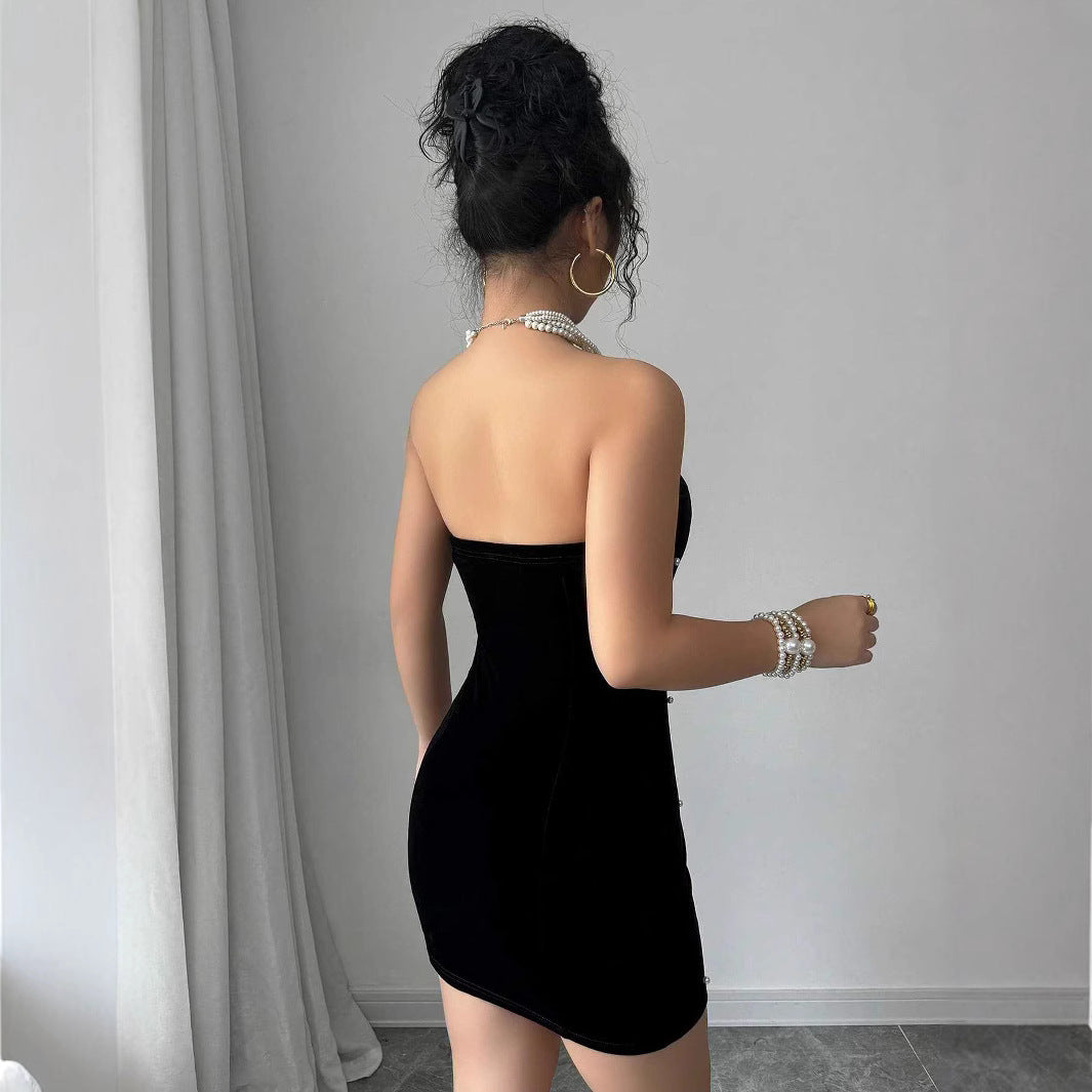 Elegant Pearl Velvet Dress for Party and Evening Wear One Shoulder Design A-Line Silhouette, Women's Dress
