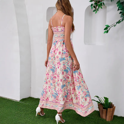 Real Shot Ethnic Print Bohemian Tie-up Backless Dress Beach Summer Strap Long Dress